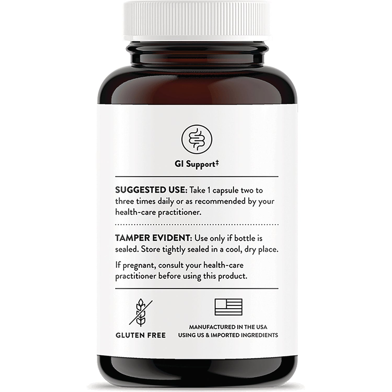 TRN006 | Back label showing GI Support, suggested use, tamper evident notice, Gluten Free icon, Manufactured in the USA