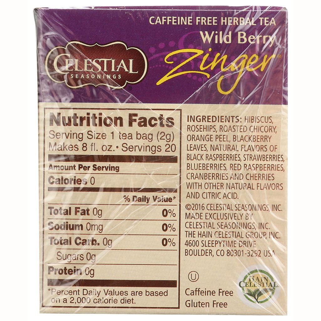 CEL008 | back of Wild Berry Zinger tea box showing Nutrition Facts, serving size and ingredient list - Thumbnail