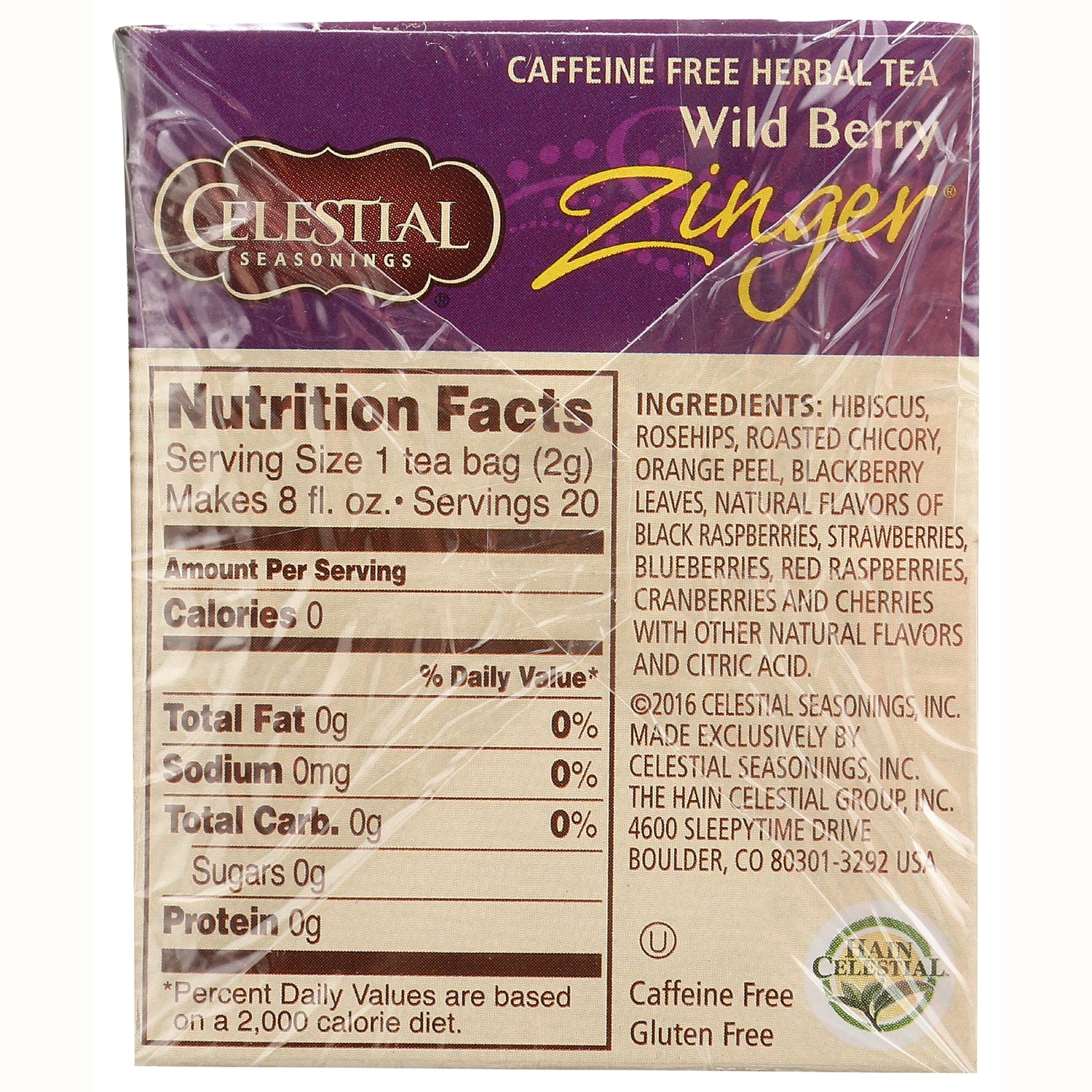 CEL008 | back of Wild Berry Zinger tea box showing Nutrition Facts, serving size and ingredient list