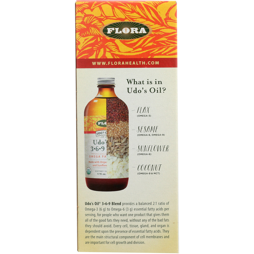 FL029 | Back of Flora Udo's Oil box labeled What is in Udo's Oil? listing flax, sesame, sunflower, coconut - Thumbnail