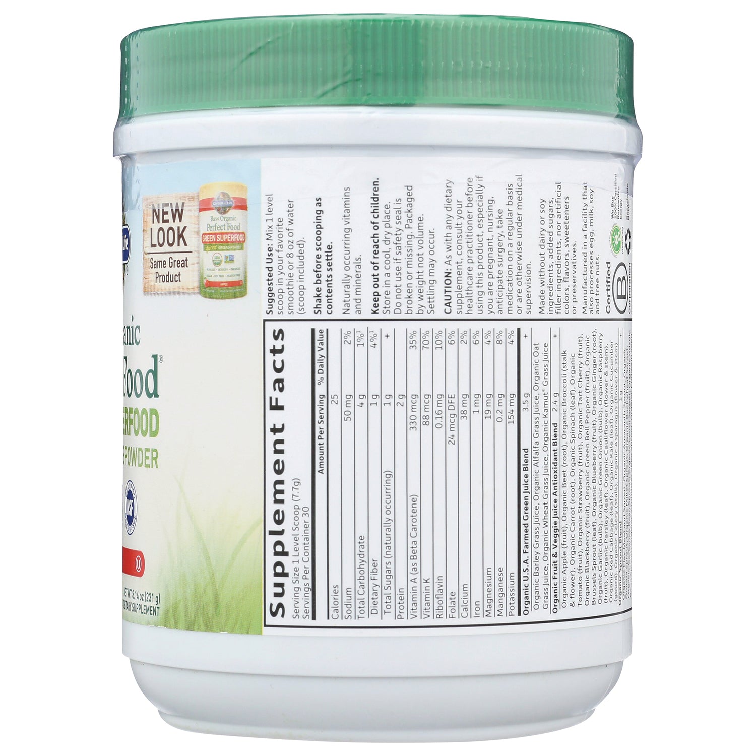 GLF173 | Supplement facts panel and ingredient text on back of white supplement tub with green lid