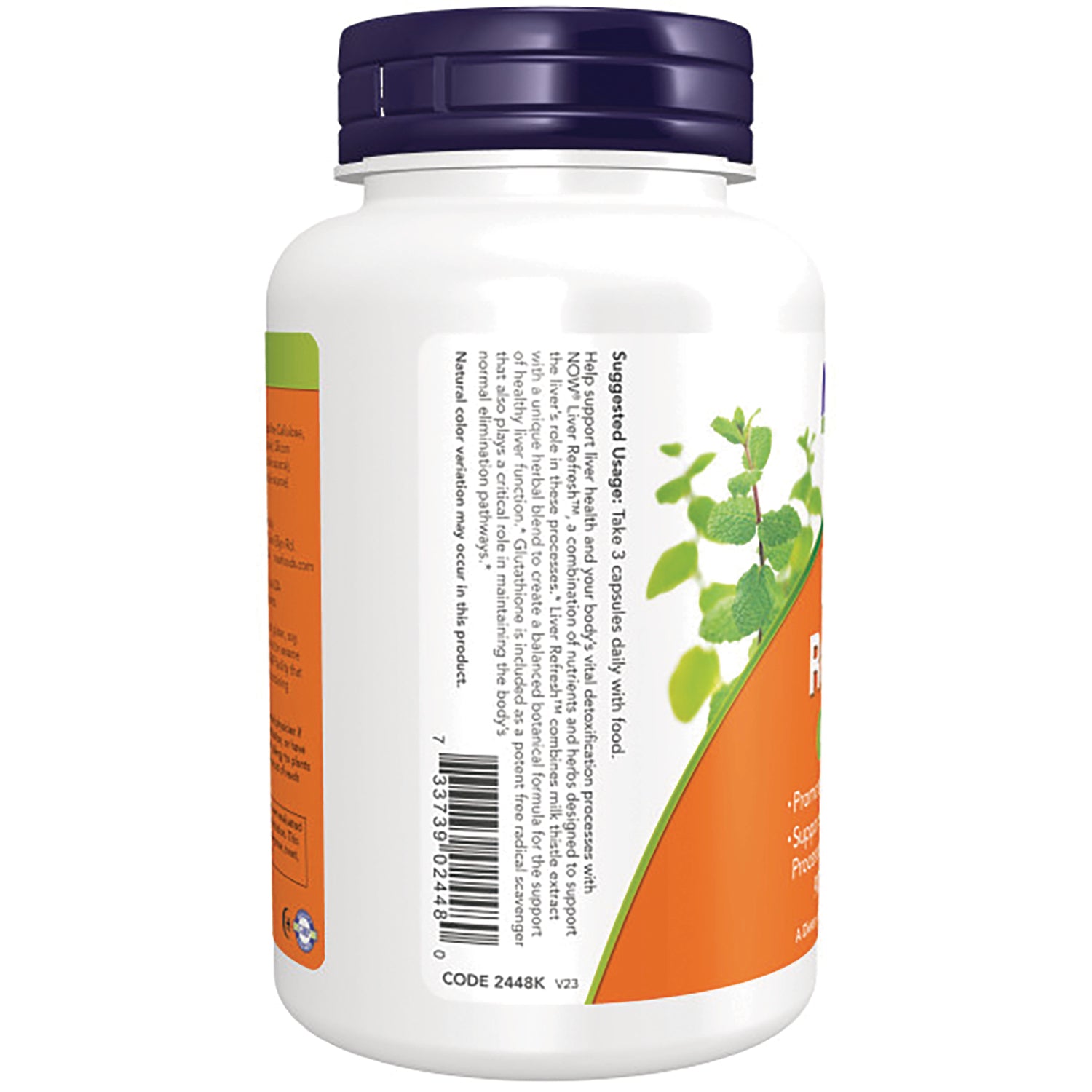 NWF043 | Side of white supplement bottle showing barcode, directions text, orange label panel and green leaf graphic