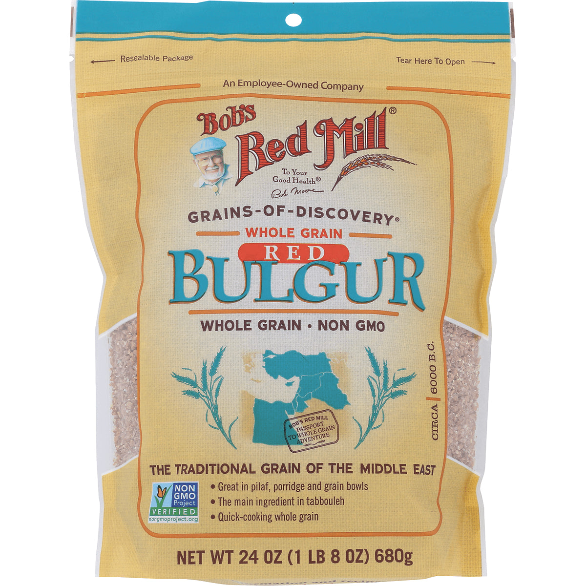 BOB430 | Bob's Red Mill red bulgur whole grain bag front showing brand logo and net wt 24 oz