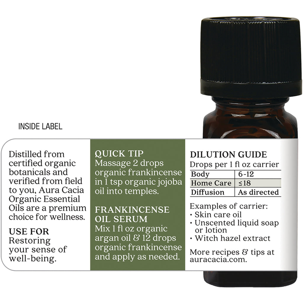 ARC277 | Back label on amber essential oil bottle with dilution guide, quick tip and frankincense oil serum instructions - Thumbnail