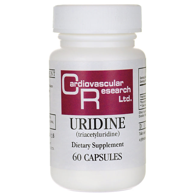 CRR020 | Uridine (triacetyluridine) dietary supplement bottle, 60 capsules, Cardiovascular Research Ltd label