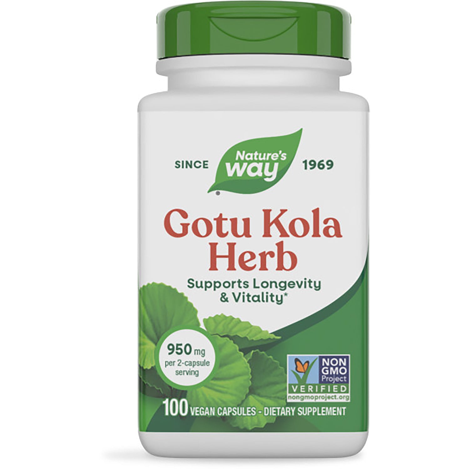 NW832 | Nature's Way Gotu Kola Herb supplement bottle front label, 100 vegan capsules, plant powered
