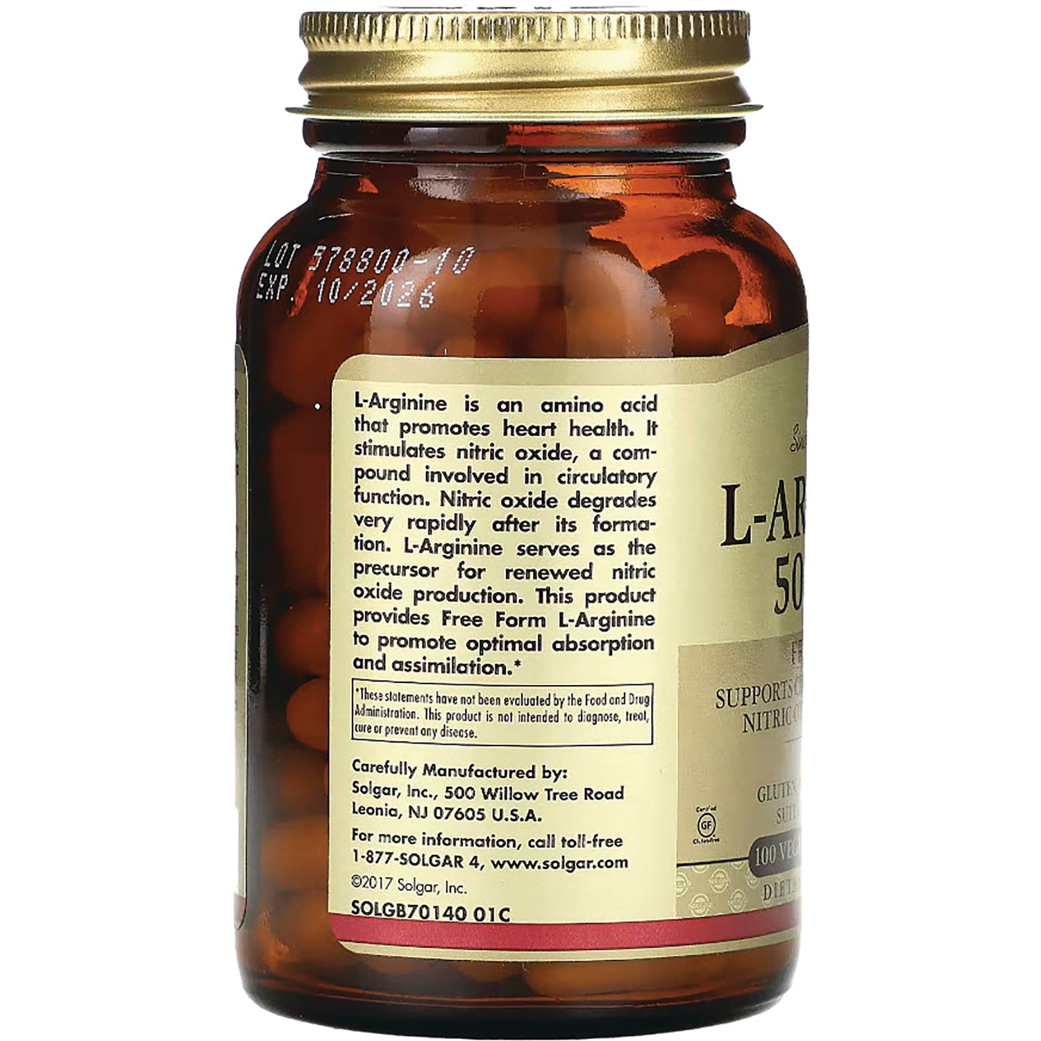 SLG332 | amber supplement bottle side label describing L-Arginine benefits and manufacturer details
