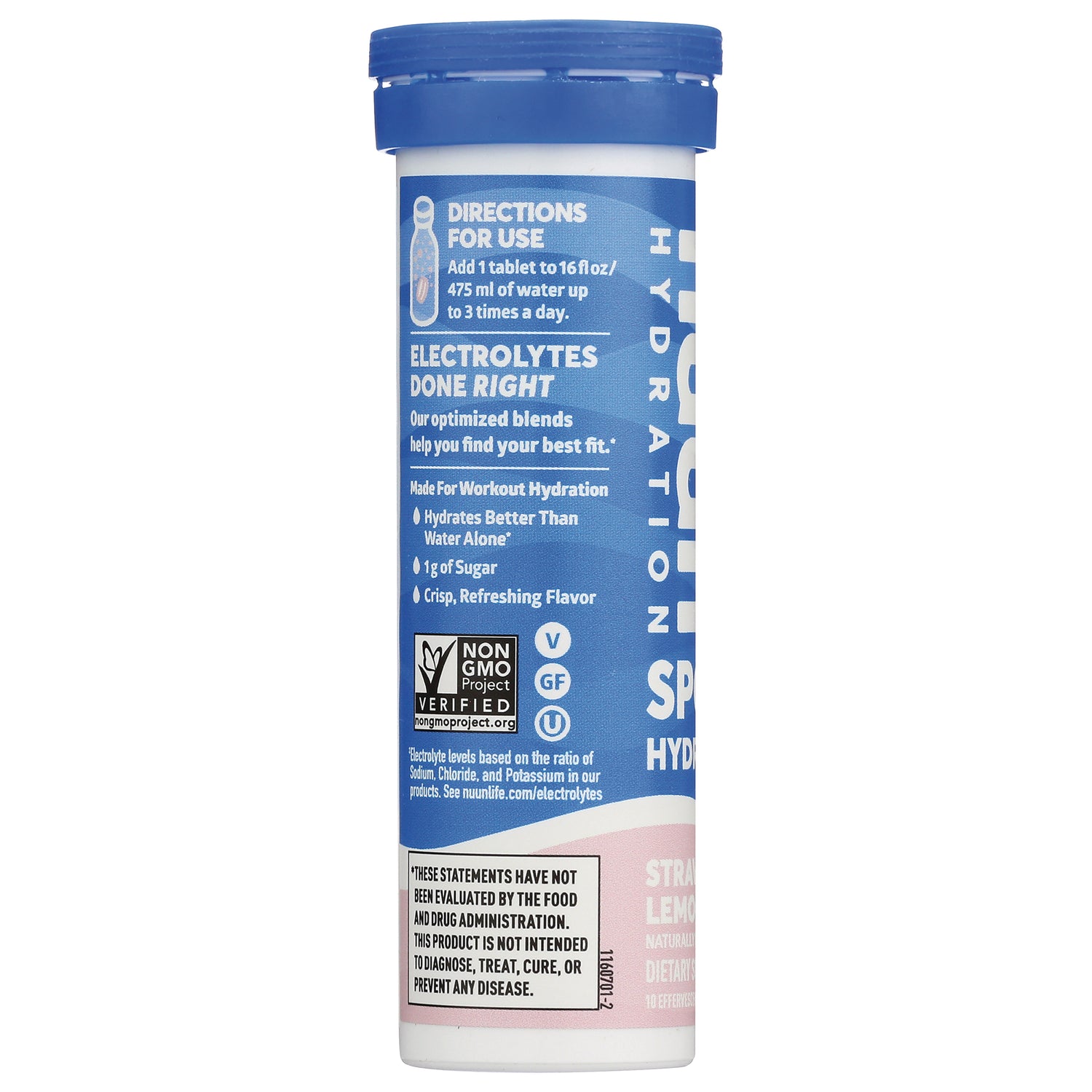 NUN019 | back label of blue effervescent tube showing directions, Electrolytes Done Right claim and Non GMO verified badge