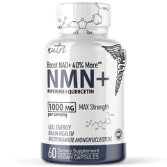 NFU009 | White NMN+ supplement bottle labeled 1000 MG per serving, 60 vegan capsules, Max Strength nicotinamide mononucleotide