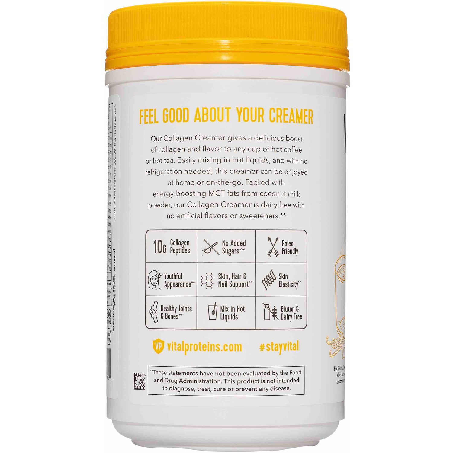 VPR004 | Collagen Creamer benefits panel: 10g collagen peptides, no added sugars, paleo friendly, gluten and dairy free