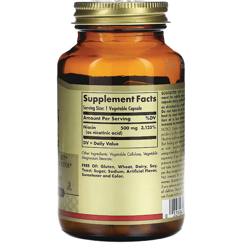 SLG296 | Brown supplement bottle back showing Supplement Facts panel listing Niacin 500 mg and ingredients - Thumbnail