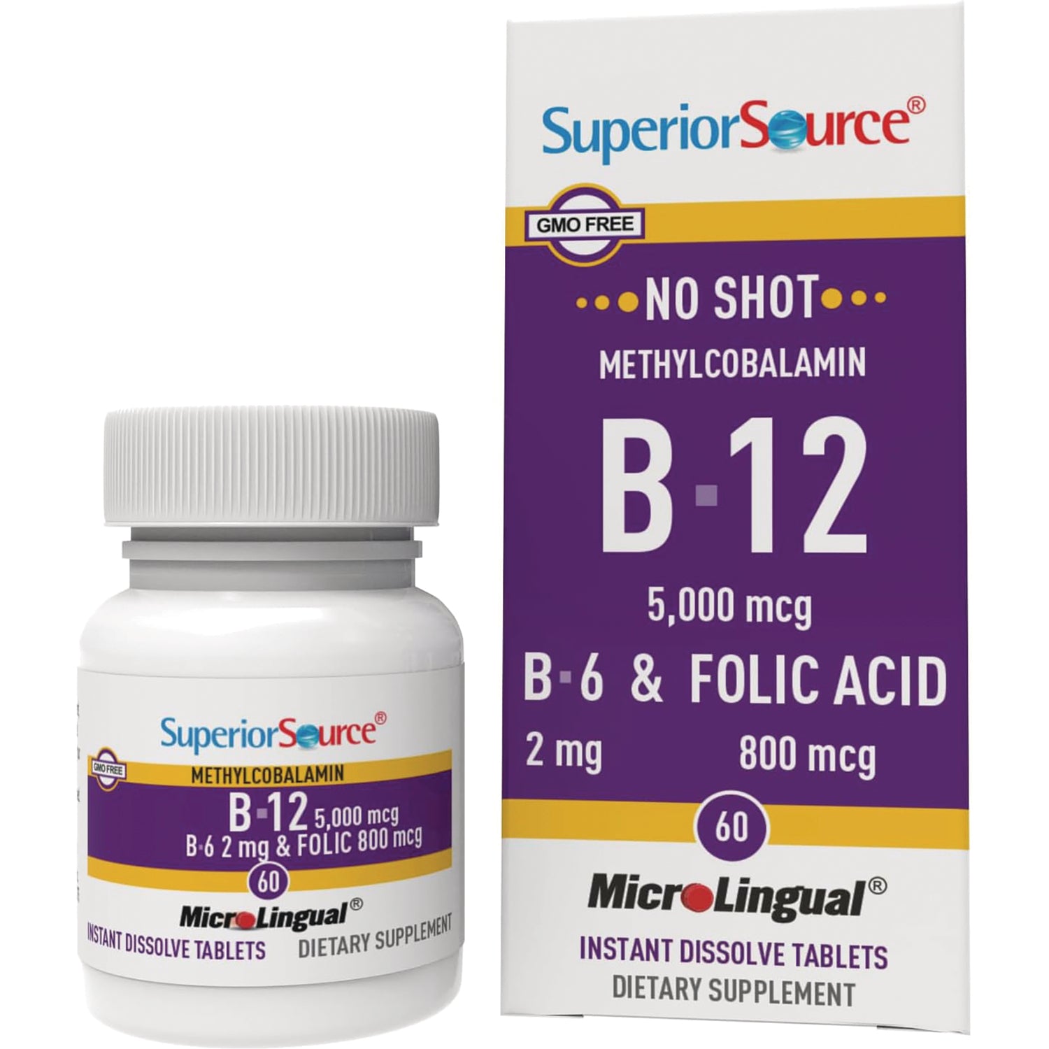 SUS009 | Superior Source MicroLingual B-12 5,000 mcg with B-6 2 mg and folic acid 800 mcg, bottle and box