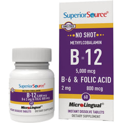 SUS009 | Superior Source MicroLingual B-12 5,000 mcg with B-6 2 mg and folic acid 800 mcg, bottle and box