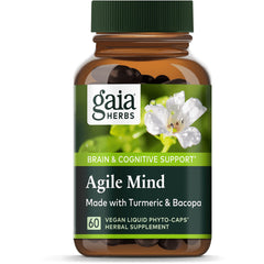 GH127 | Gaia Herbs Agile Mind supplement bottle front label reading Made with Turmeric & Bacopa, 60 vegan liquid phyto-caps