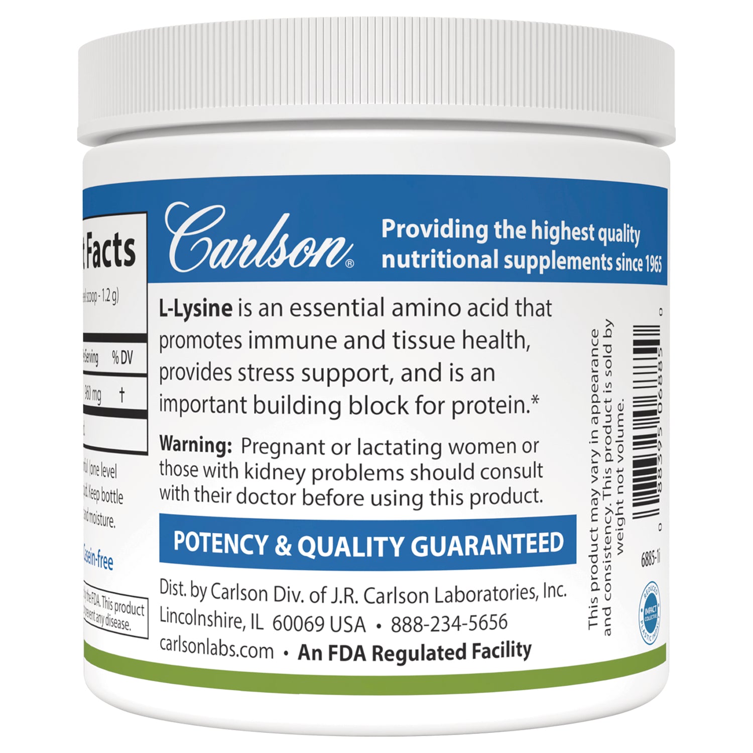 CSN128 | Back label of Carlson L-Lysine jar showing product description, warning, potency & quality guaranteed