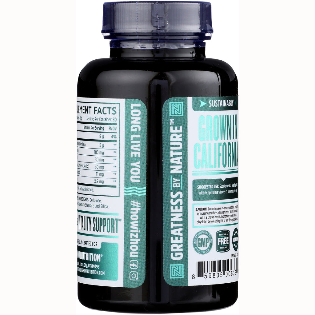 ZOU040 | Back of supplement bottle showing Grown in California panel, supplement facts, and GMP icons - Thumbnail