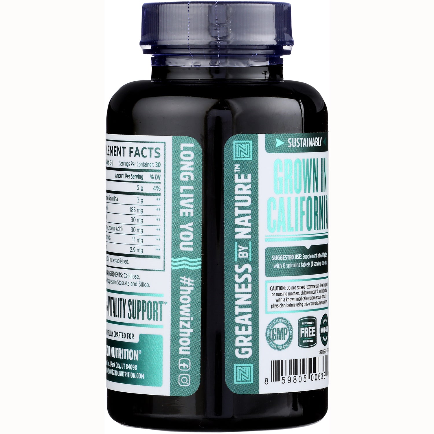 ZOU040 | Back of supplement bottle showing Grown in California panel, supplement facts, and GMP icons