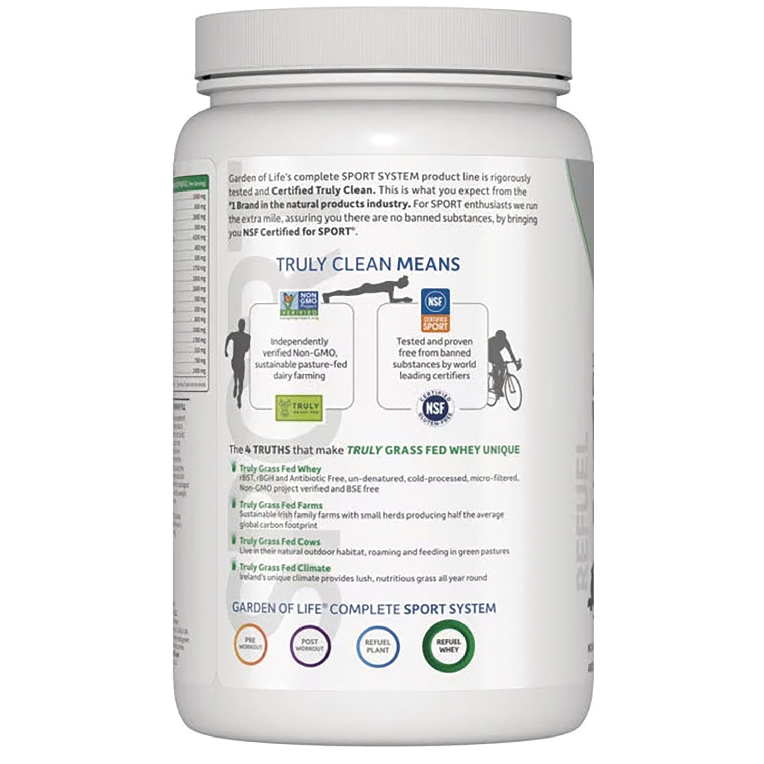 GLF229 | Back label of white supplement tub reading TRULY CLEAN MEANS with icons, product claims and nutrition text