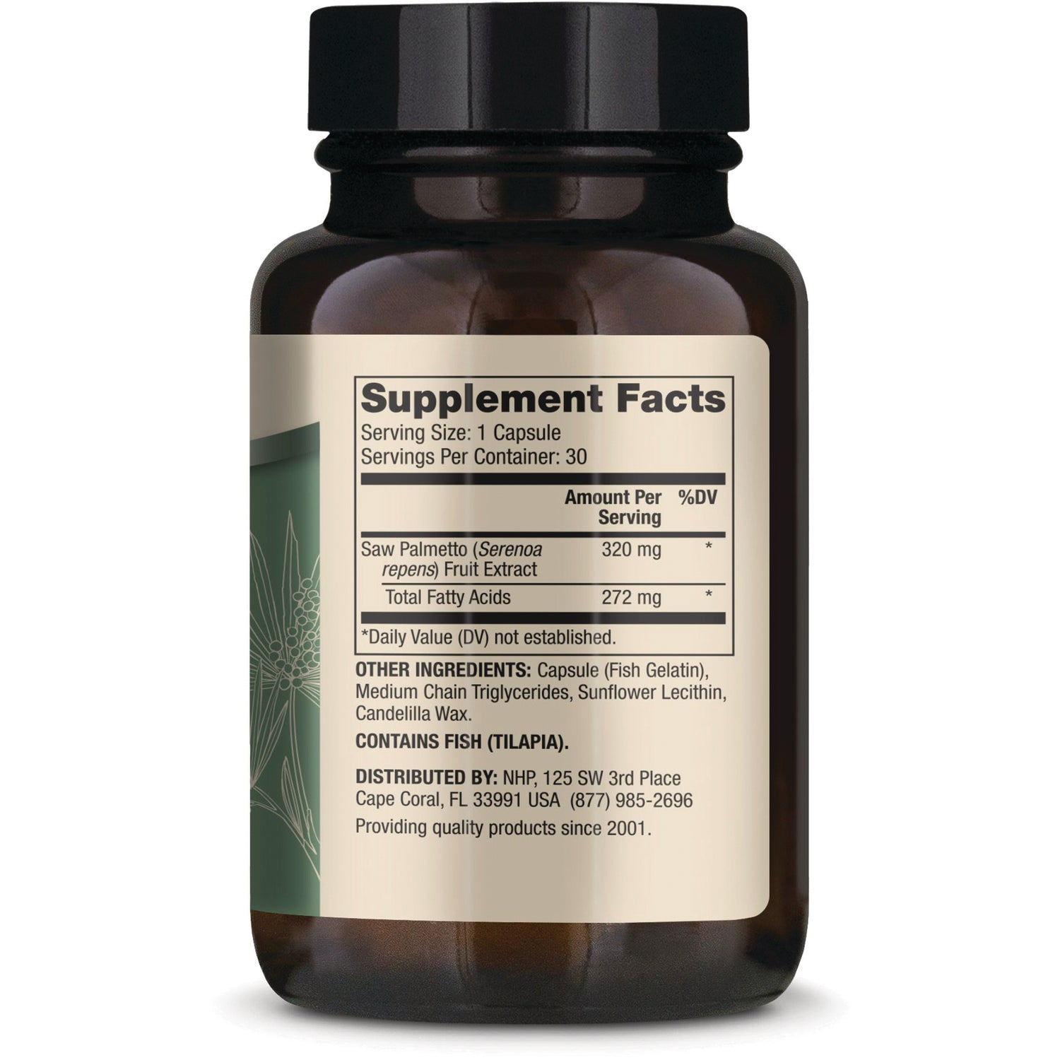 MRC114 | back label with Supplement Facts, serving size 1 capsule, Saw Palmetto 320 mg, contains fish (tilapia)