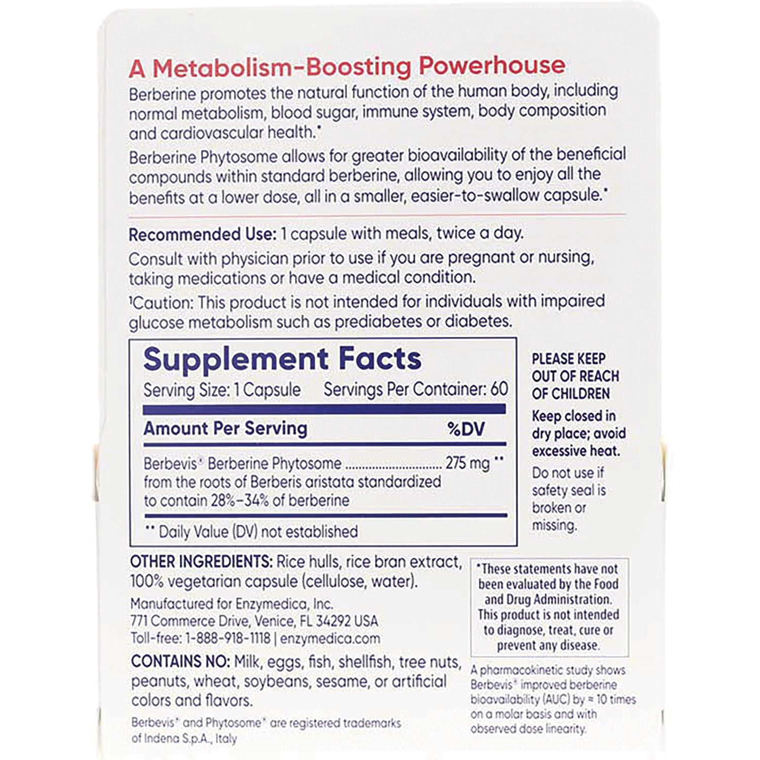 EMD101 | back label showing supplement facts, recommended use, ingredients, and warnings