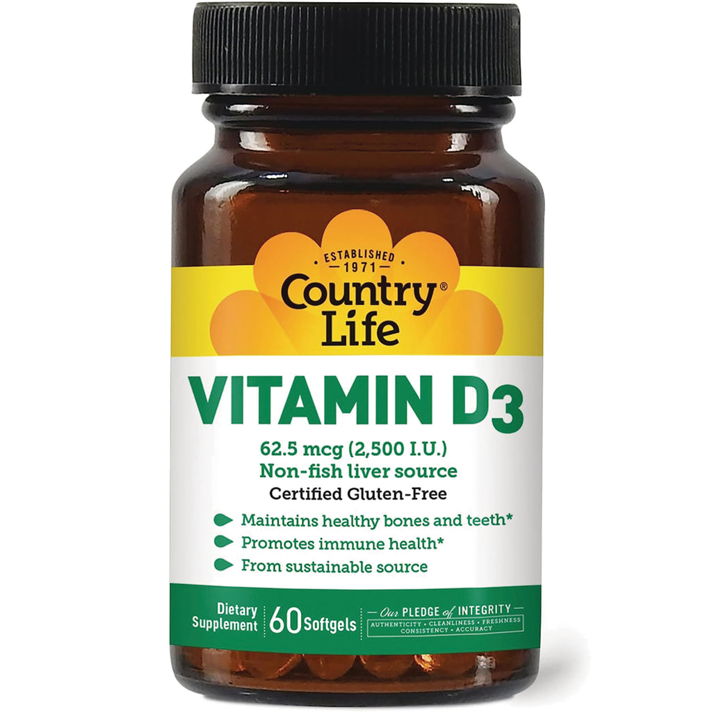 CRL339 | Country Life Vitamin D3 62.5 mcg (2,500 I.U.), non-fish liver source, 60 softgels in brown bottle - Thumbnail