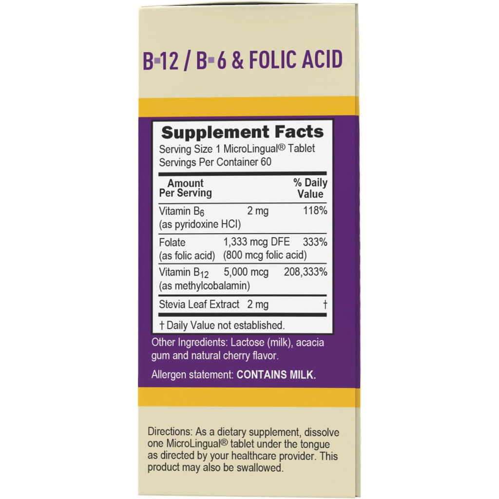 SUS009 | Back panel showing Supplement Facts for B-12/B-6 & Folic Acid MicroLingual tablets; serving size 1, 60 servings - Thumbnail