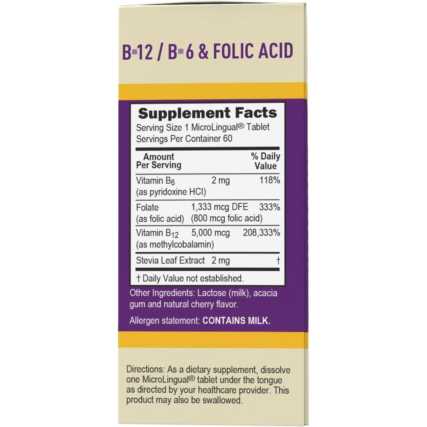 SUS009 | Back panel showing Supplement Facts for B-12/B-6 & Folic Acid MicroLingual tablets; serving size 1, 60 servings