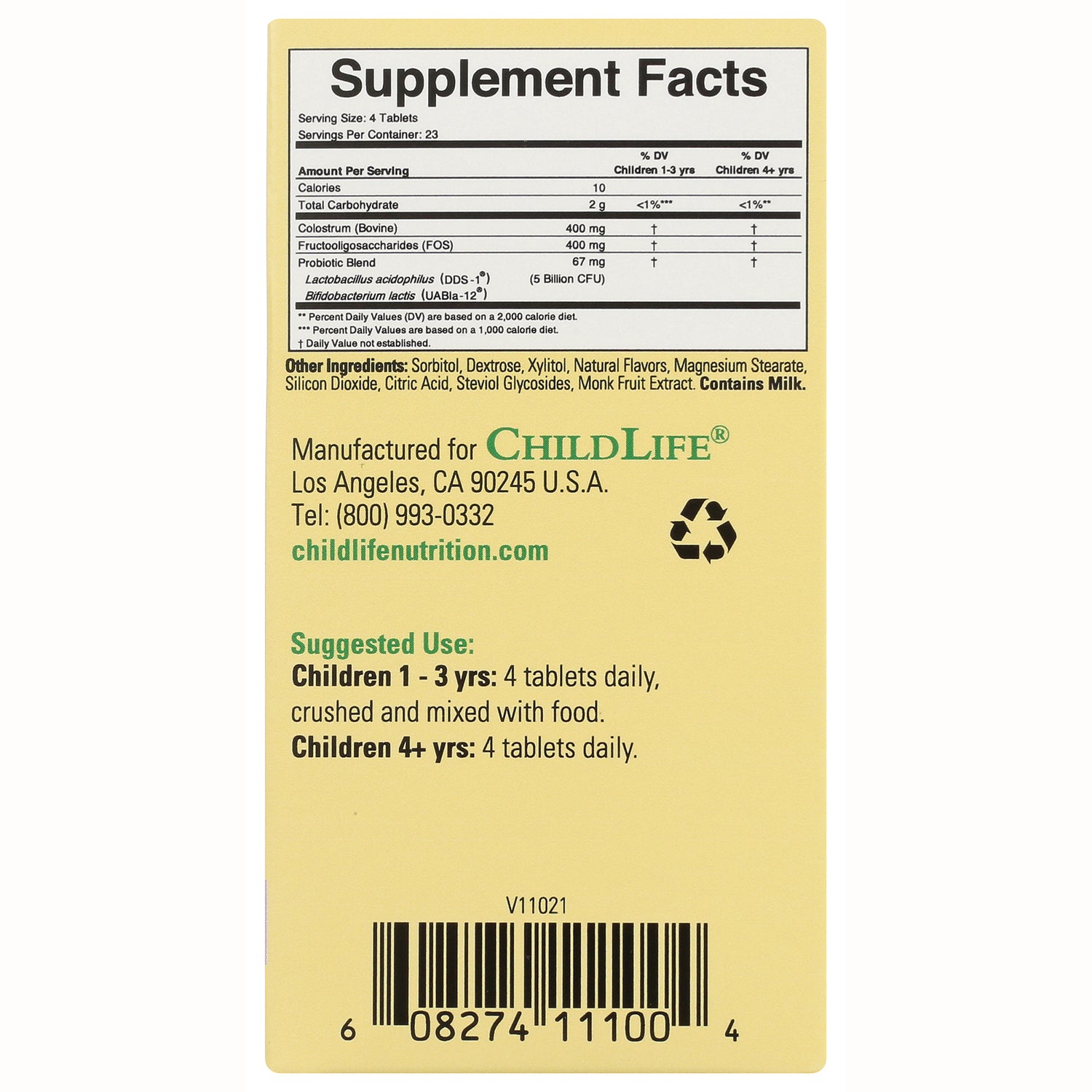 CHL022 | back of yellow ChildLife supplement box showing Supplement Facts panel, ingredients, suggested use, and barcode