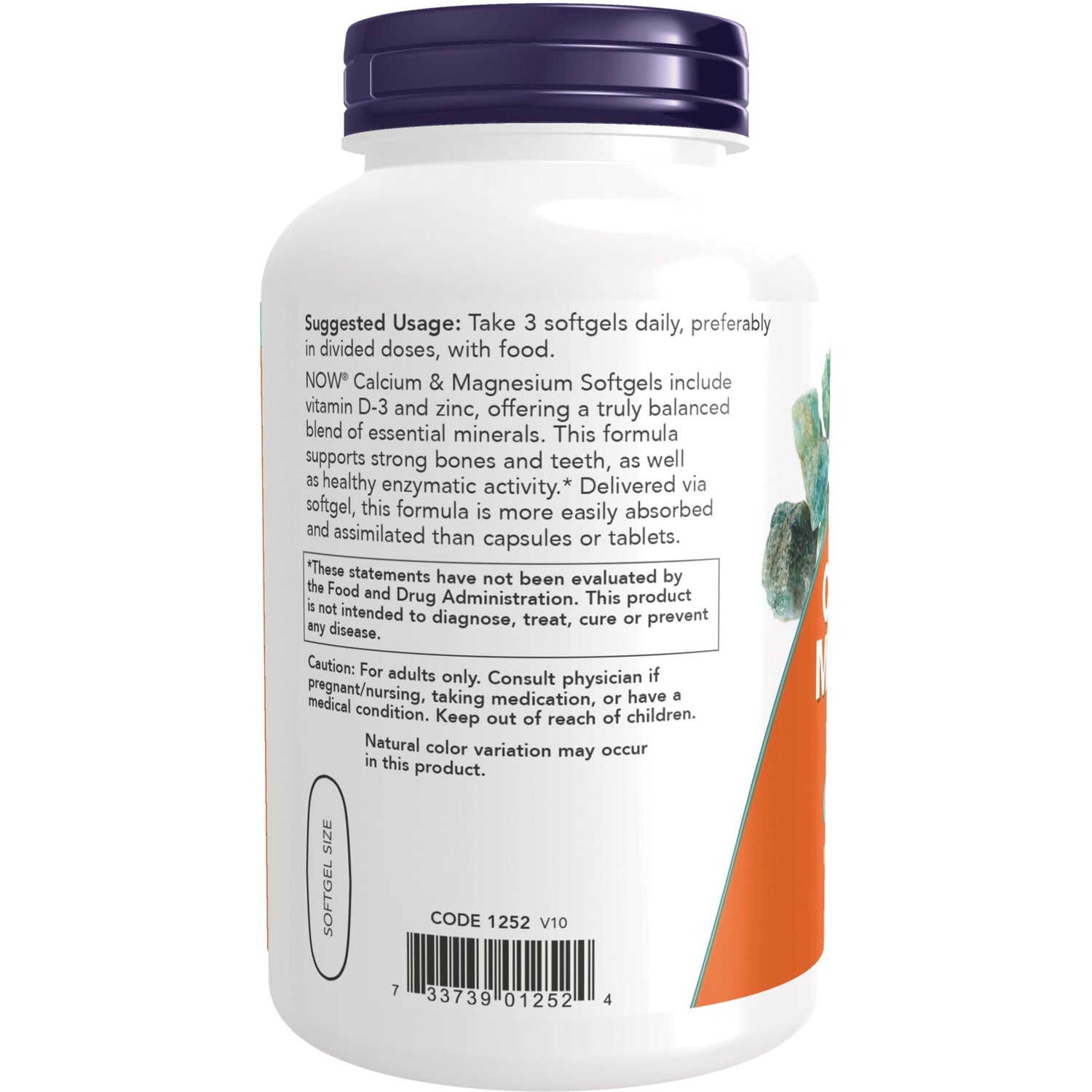 NWF294 | Back label of white supplement bottle showing suggested usage, caution text, barcode, and softgel size graphic
