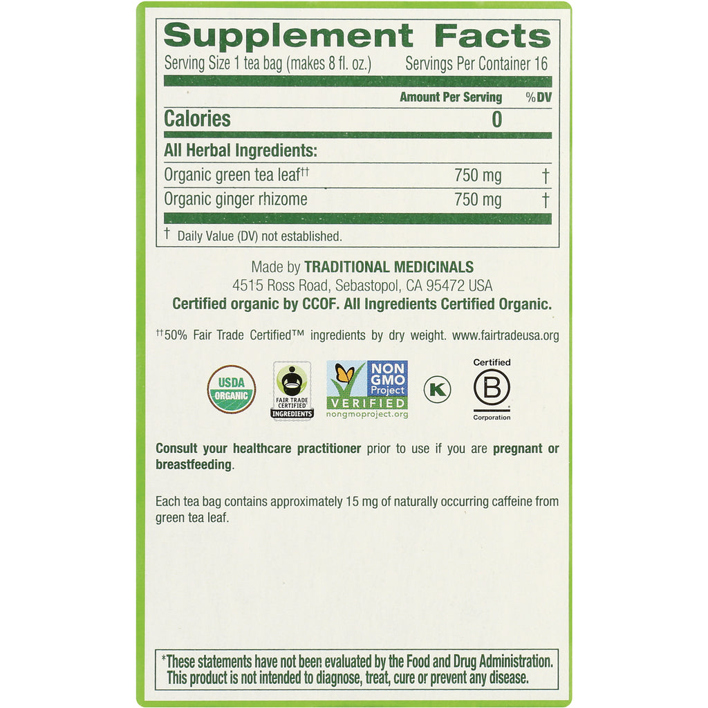 TMD021 | Supplement Facts: organic green tea leaf 750 mg, organic ginger rhizome 750 mg; serving 1 tea bag; 16 servings - Thumbnail