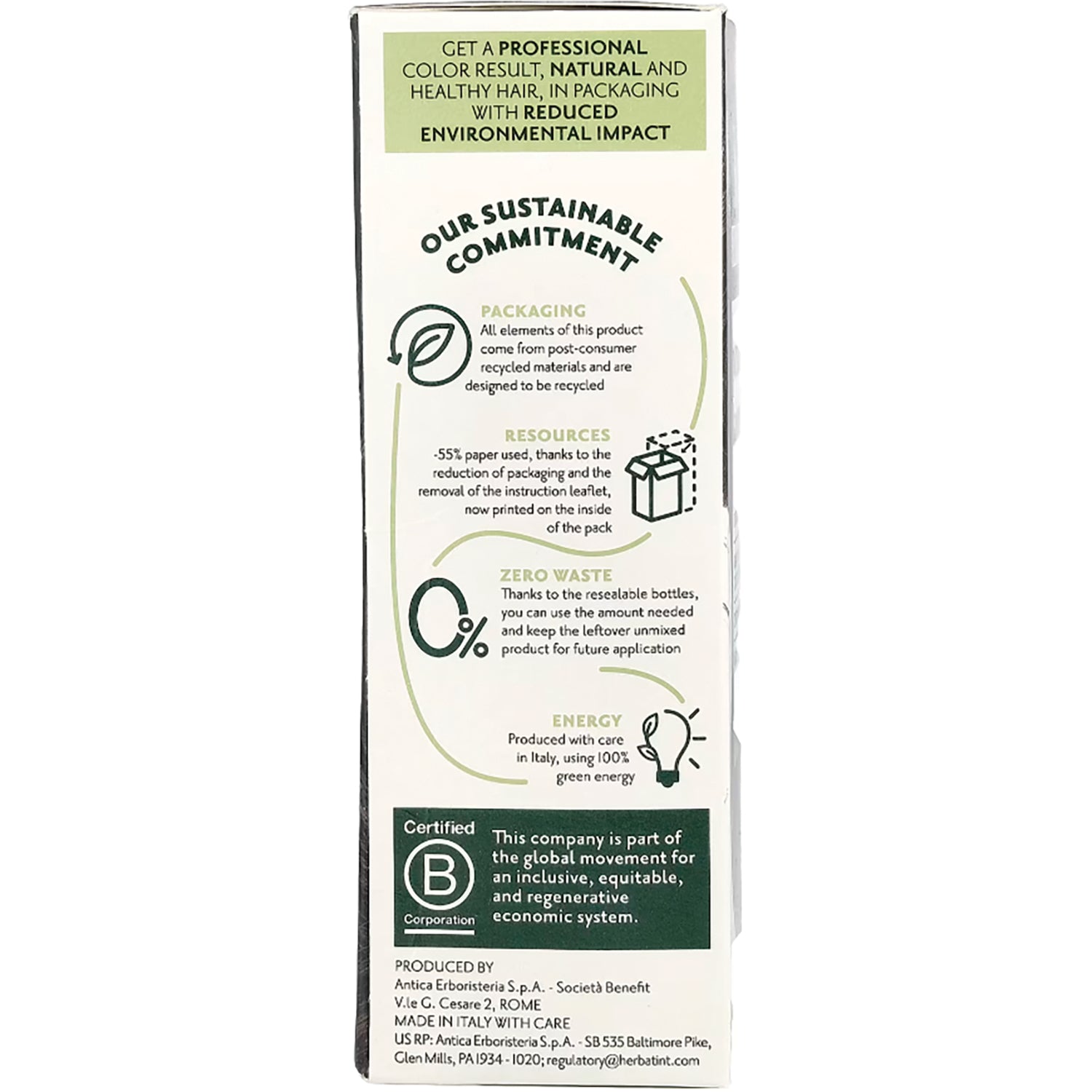 HBT002 | Back of product box showing OUR SUSTAINABLE COMMITMENT panel, sustainability icons, and B Corporation certification