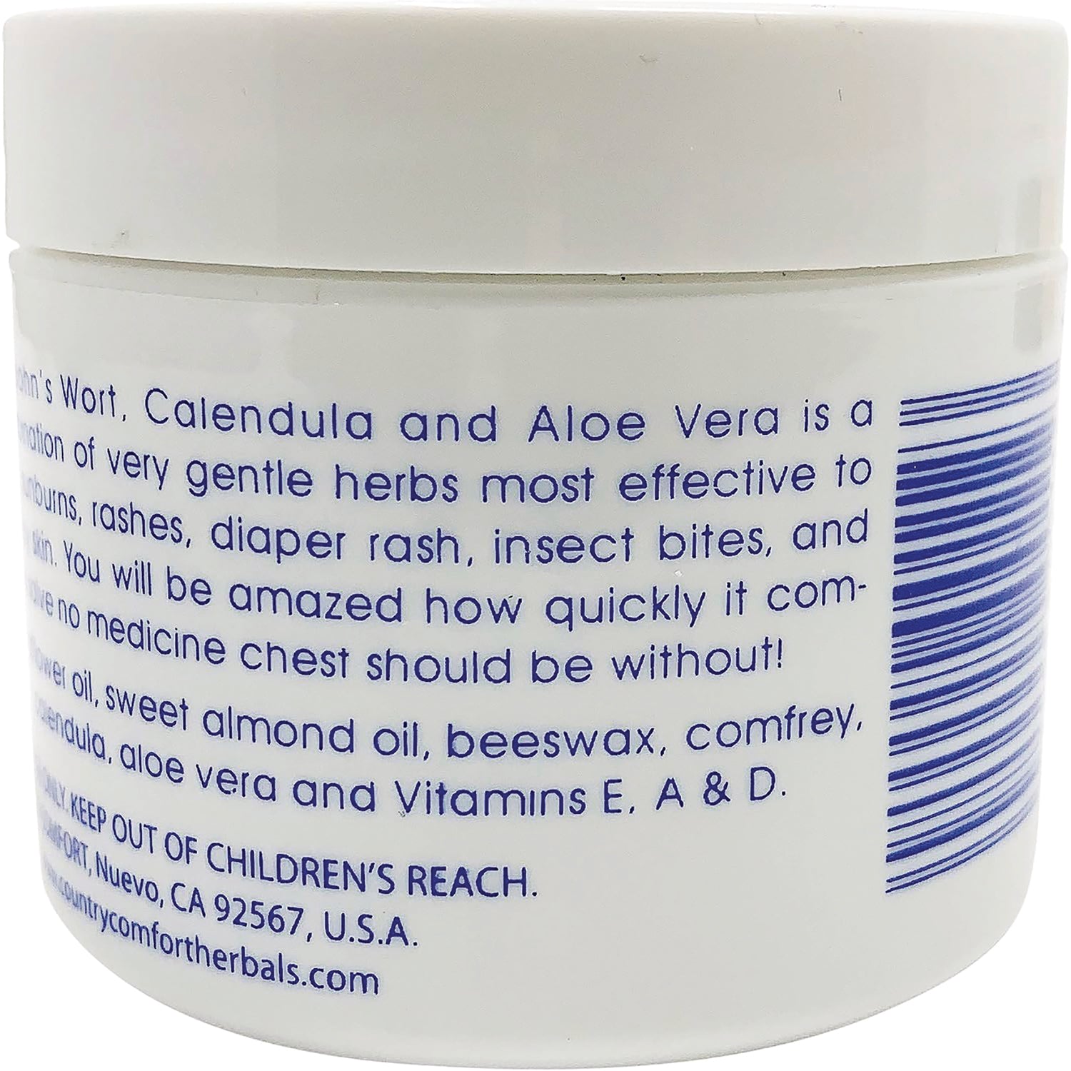 CTY004 | Back of white jar label showing ingredient text including Calendula and Aloe Vera and a barcode