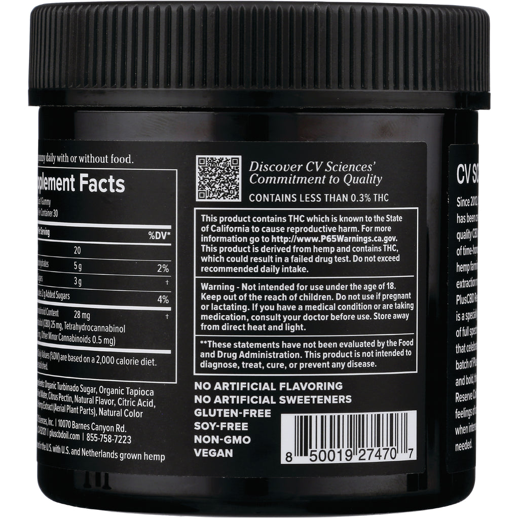 CV046 | Back label showing supplement facts, THC warning box, ingredient list and barcode - Thumbnail