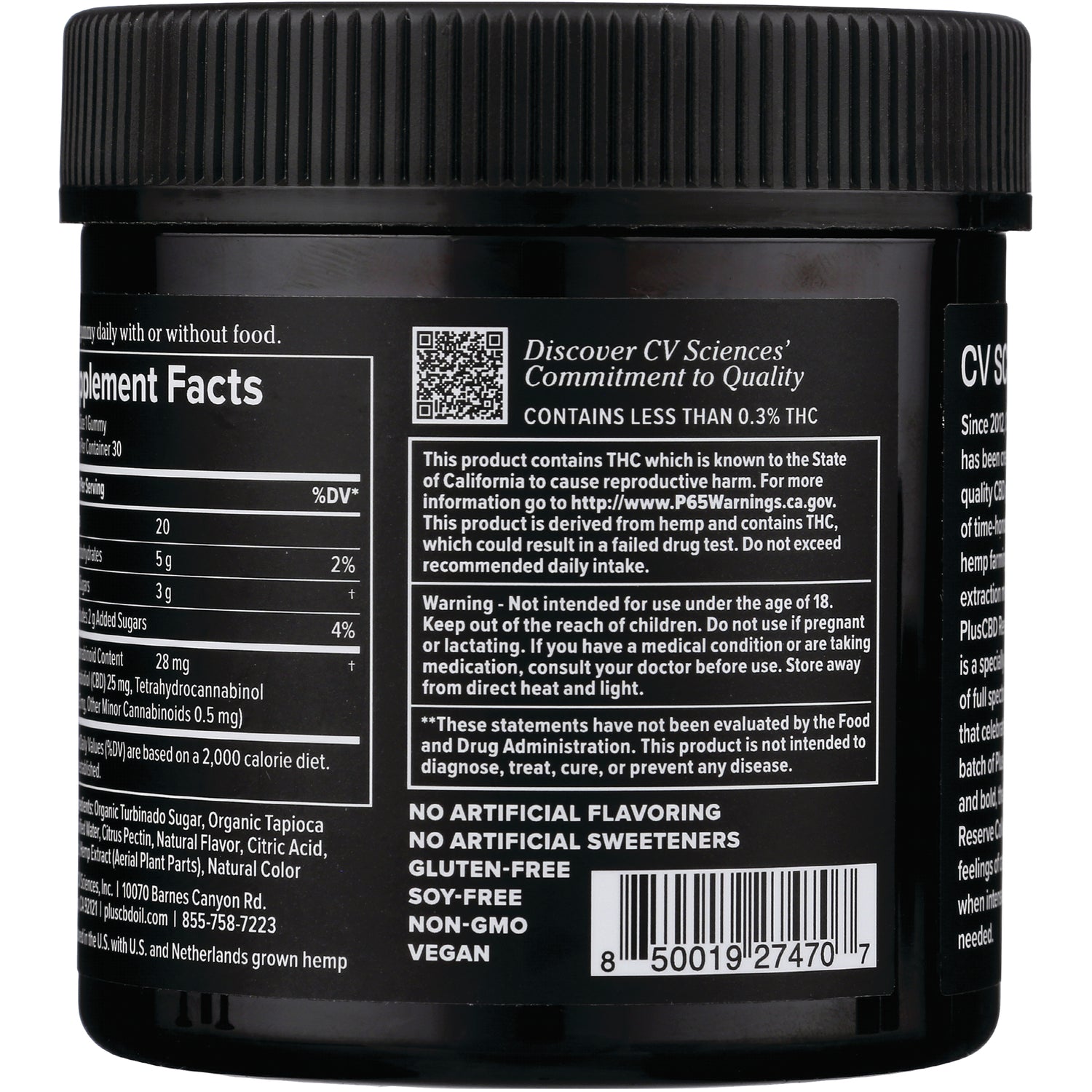 CV046 | Back label showing supplement facts, THC warning box, ingredient list and barcode