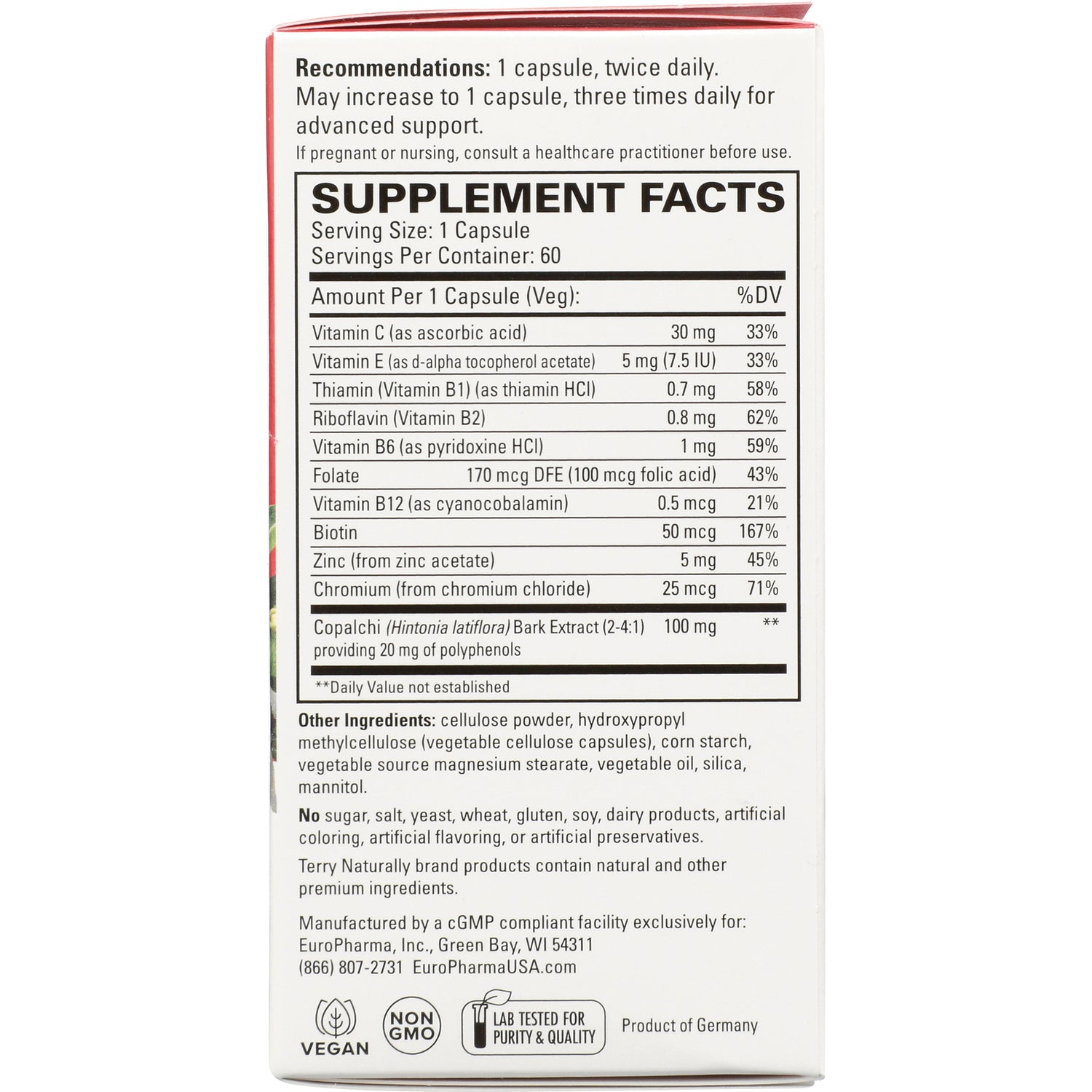 EUR049 | back panel with SUPPLEMENT FACTS table listing vitamins, Copalchi extract, other ingredients and vegan non-GMO icons