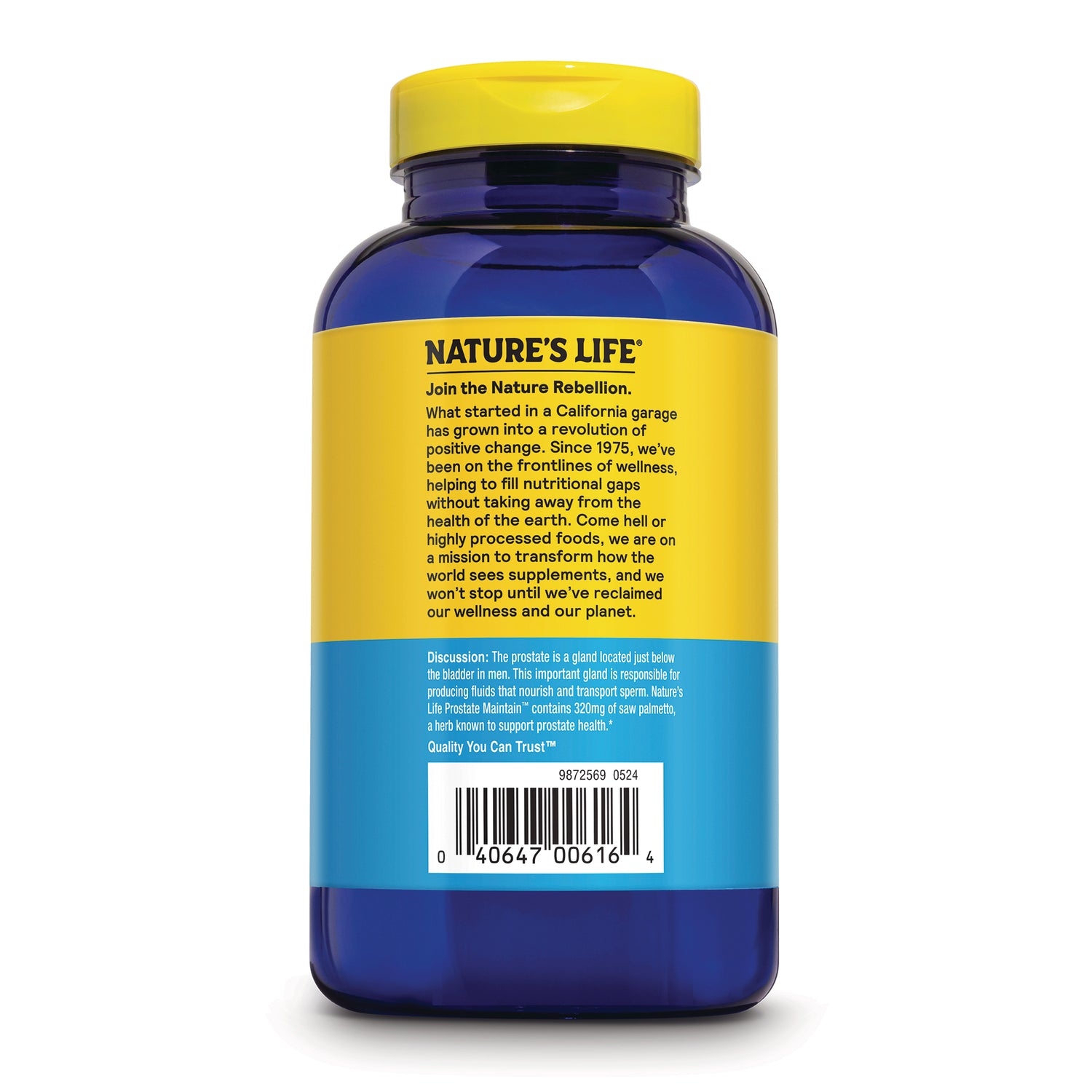 NSL020 | Back of blue supplement bottle with yellow label reading NATURE'S LIFE and barcode