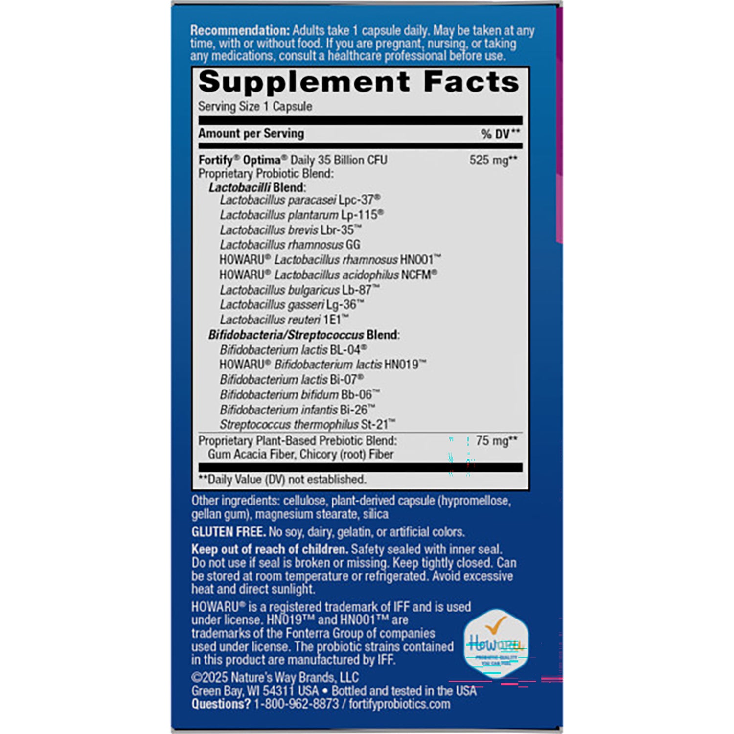 NW802 | Back panel with Supplement Facts, ingredients, warnings, and storage instructions on navy box