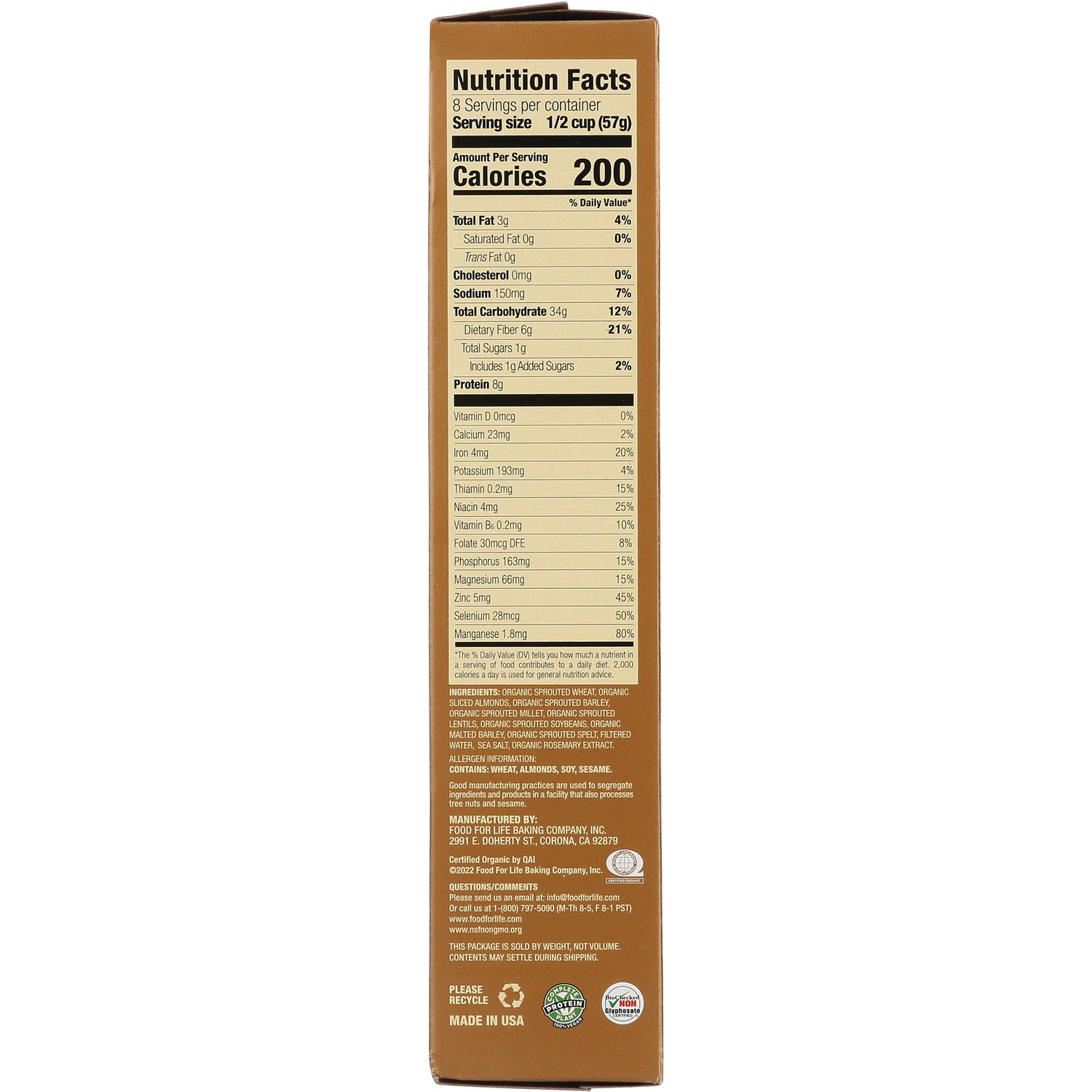 FFL001 | Back panel showing Nutrition Facts, ingredients, and manufacturer information on a cereal box