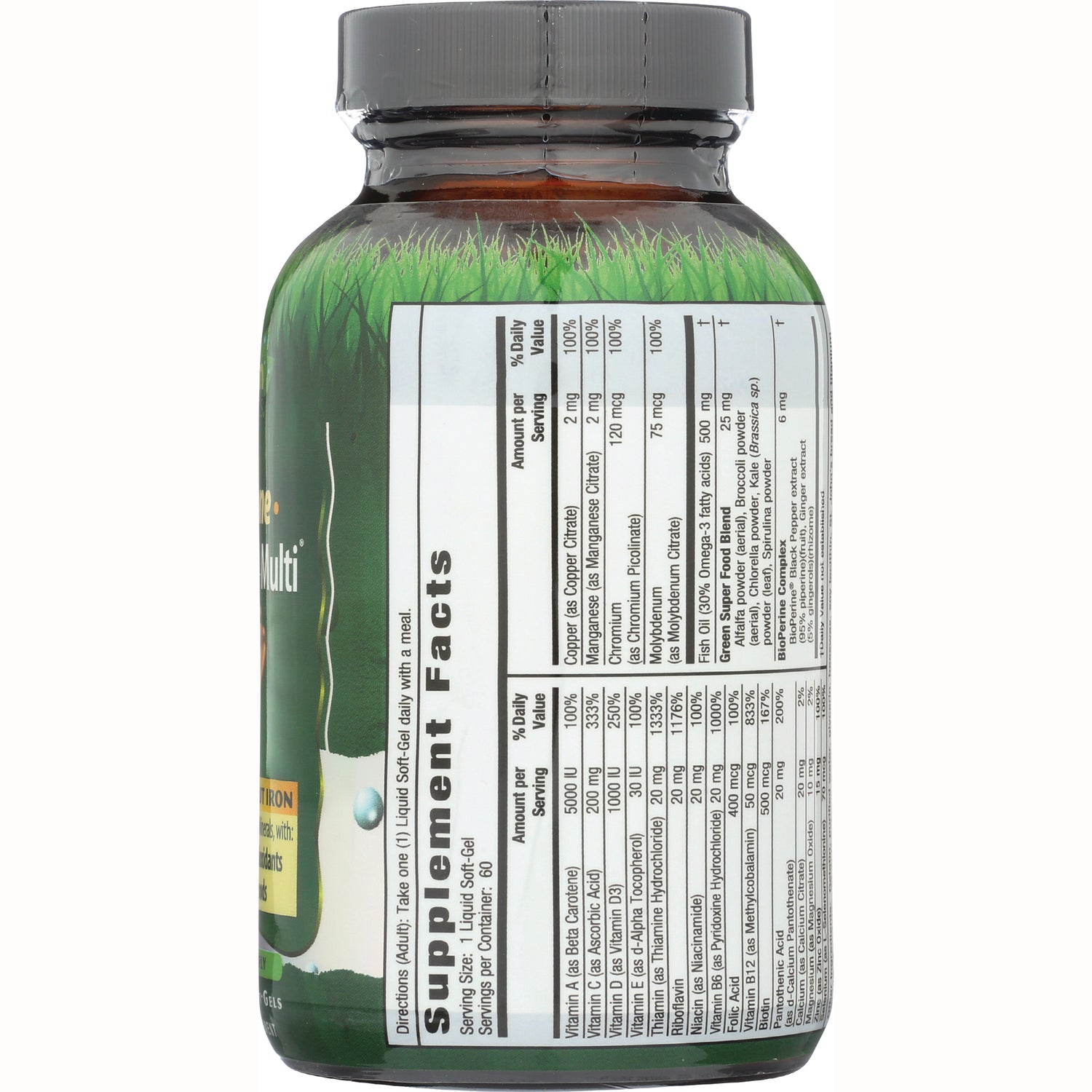 IR086 | Back label with Supplement Facts panel and ingredient list on green supplement bottle