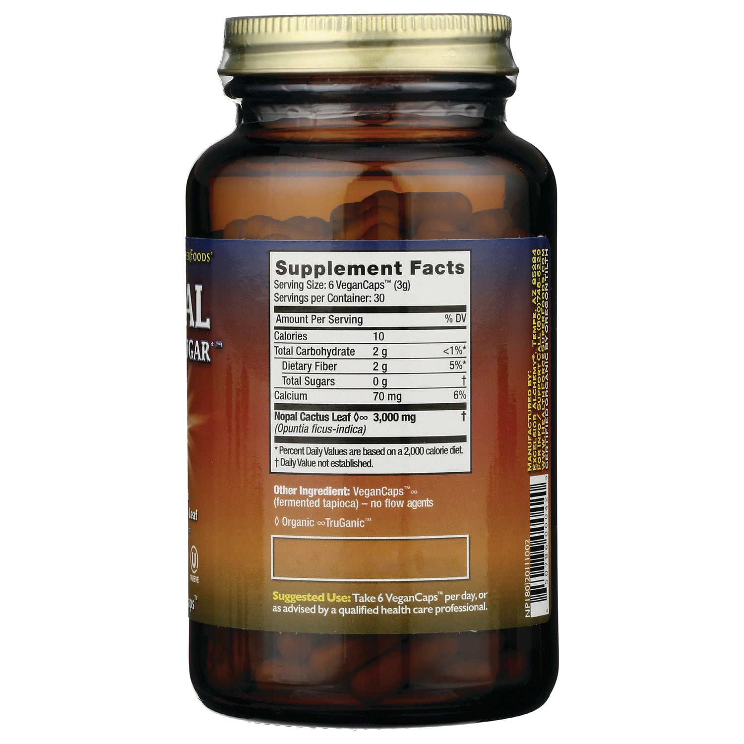 HFC005 | Back of amber supplement bottle showing Supplement Facts panel with nutrition table and barcode