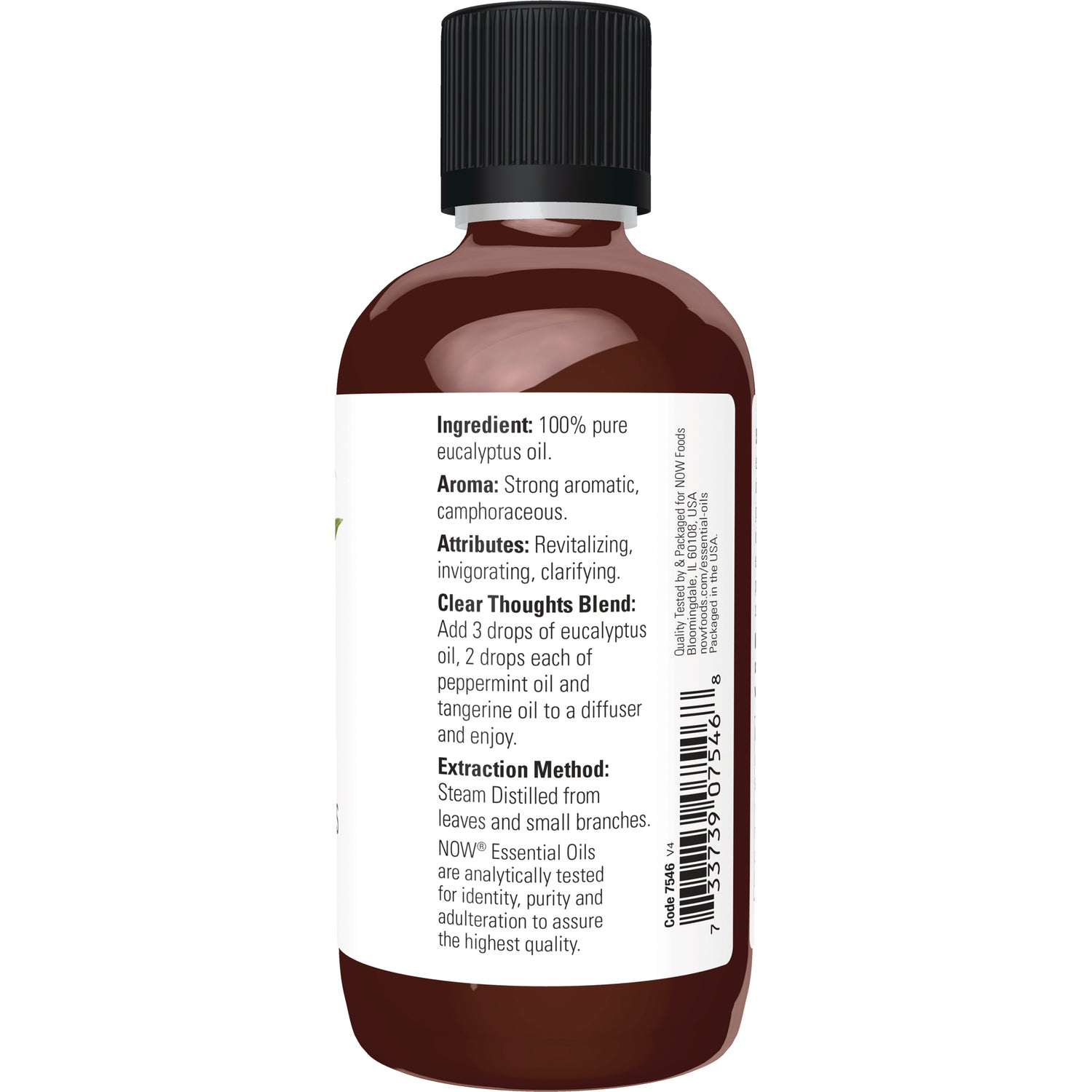 NWF126 | Back label of brown bottle showing ingredients, aroma, attributes, Clear Thoughts Blend, extraction method and barcode