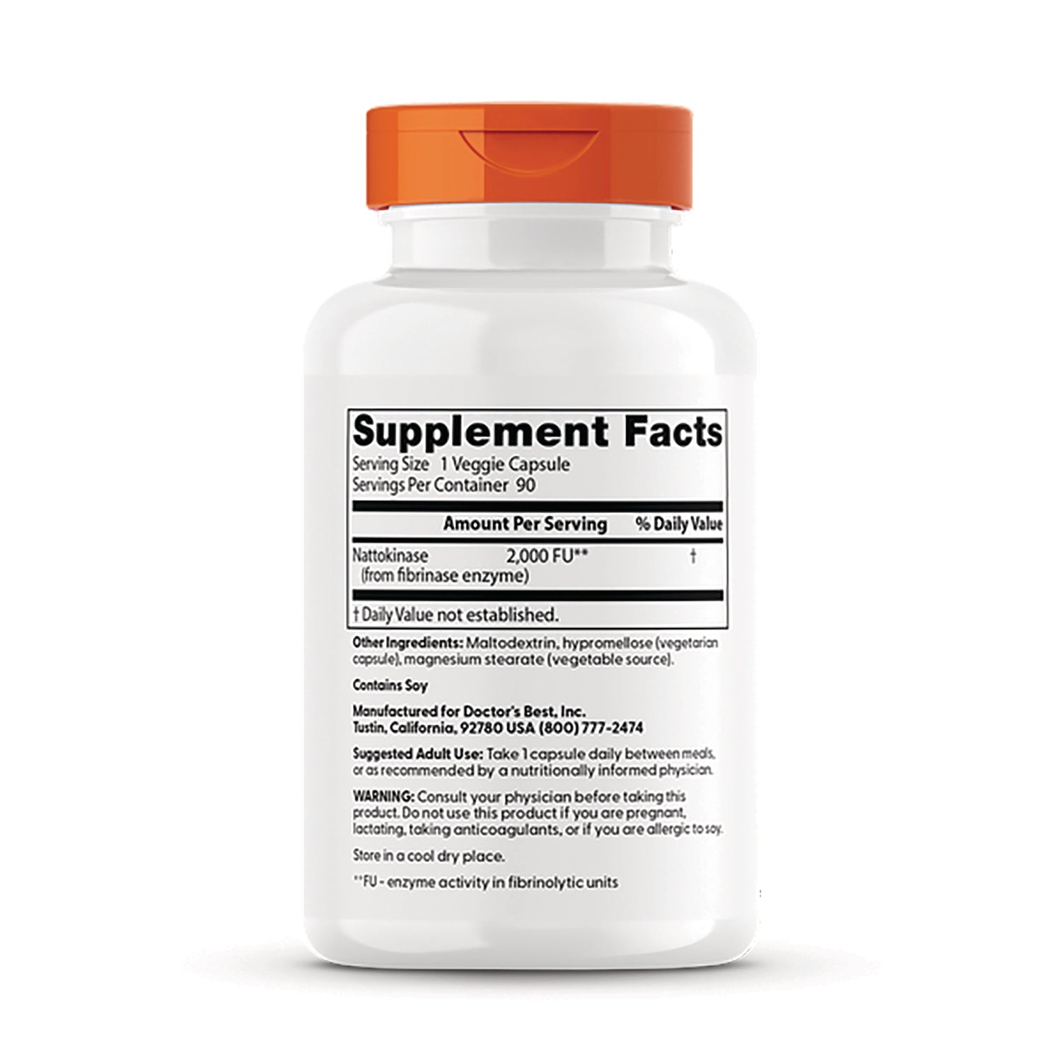 DB088 | Back of white supplement bottle with orange cap showing Supplement Facts label and Nattokinase 2,000 FU serving information