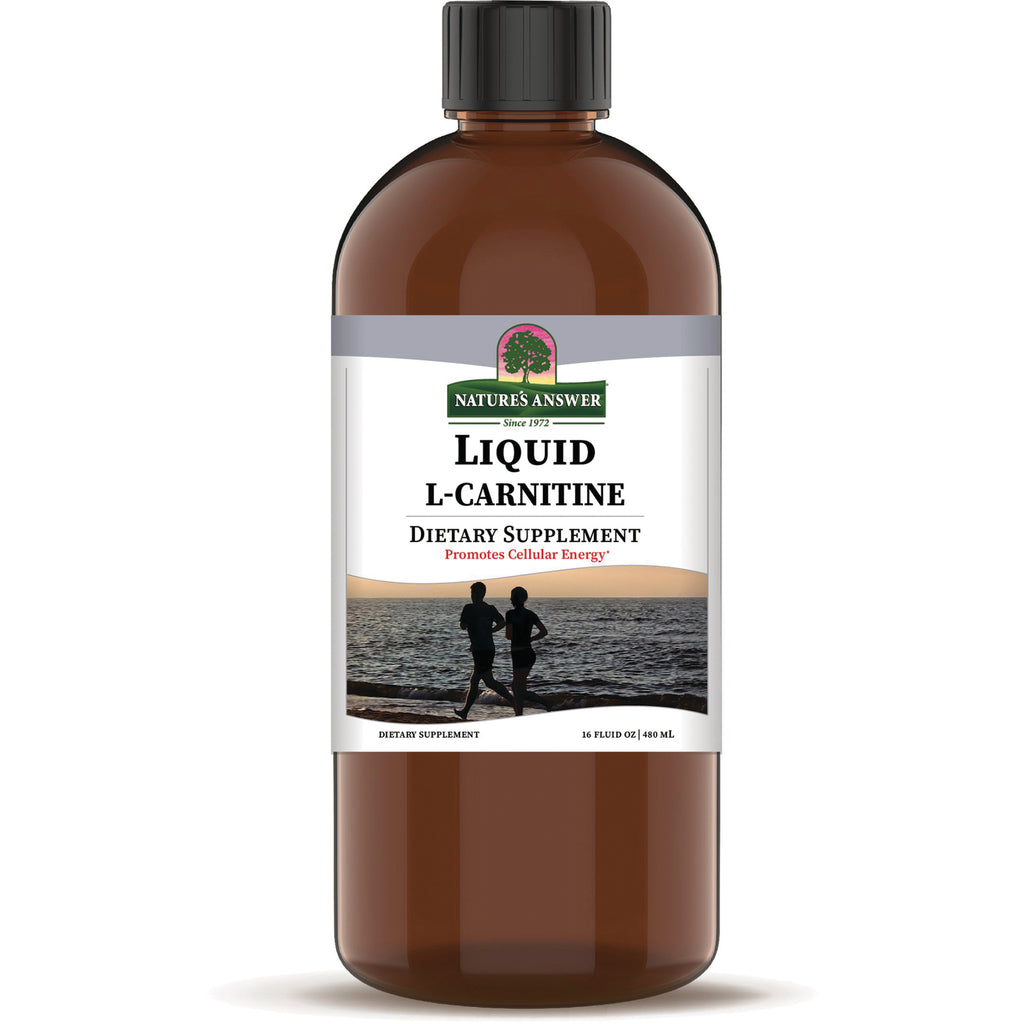 NAT056 | Amber bottle of Nature's Answer Liquid L-Carnitine dietary supplement with label showing two people jogging - Thumbnail