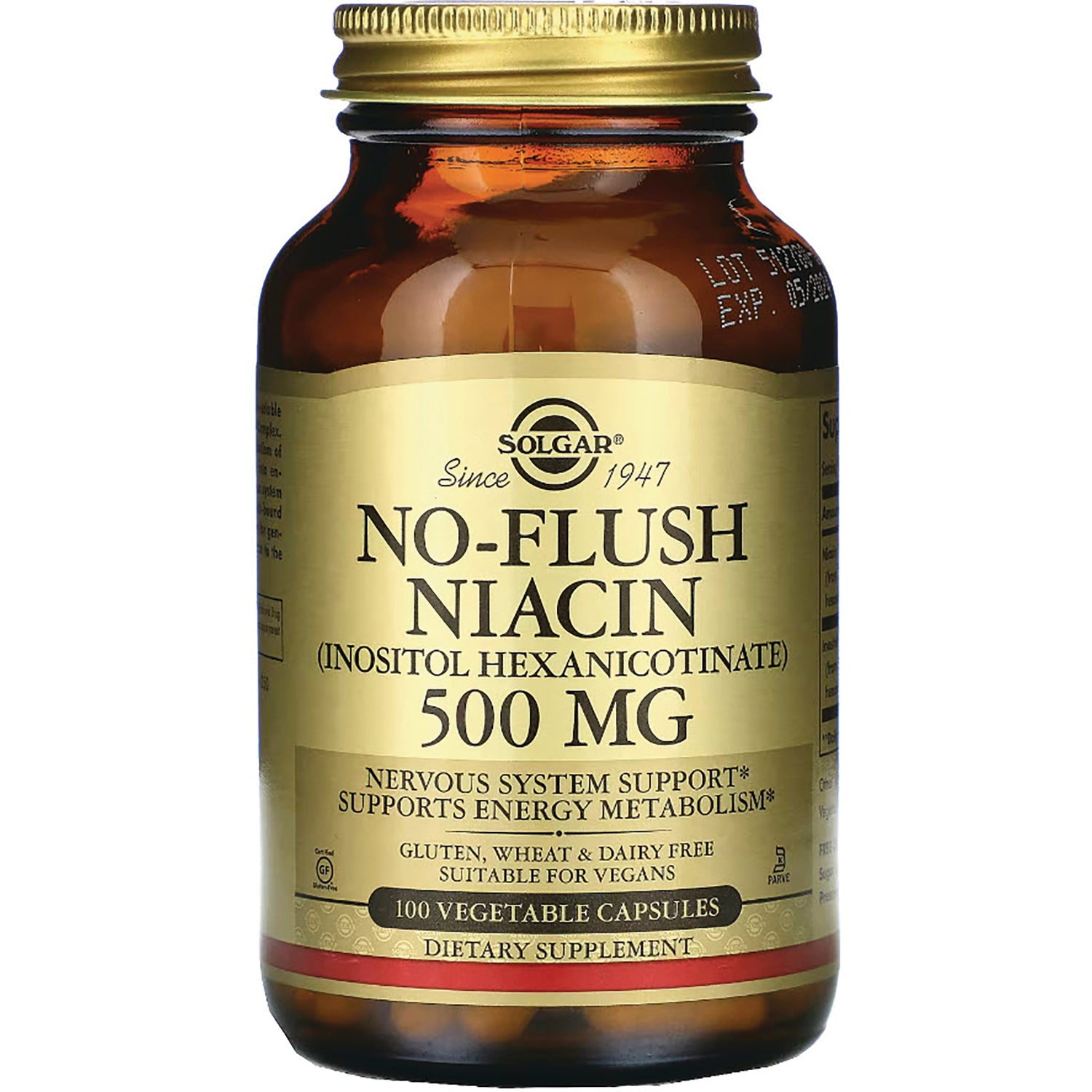 Solgar No-Flush Niacin 500 MG amber bottle with gold label, 100 vegetable capsules