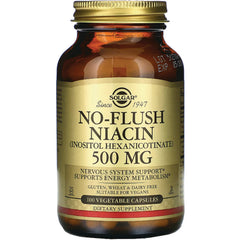 Solgar No-Flush Niacin 500 MG amber bottle with gold label, 100 vegetable capsules