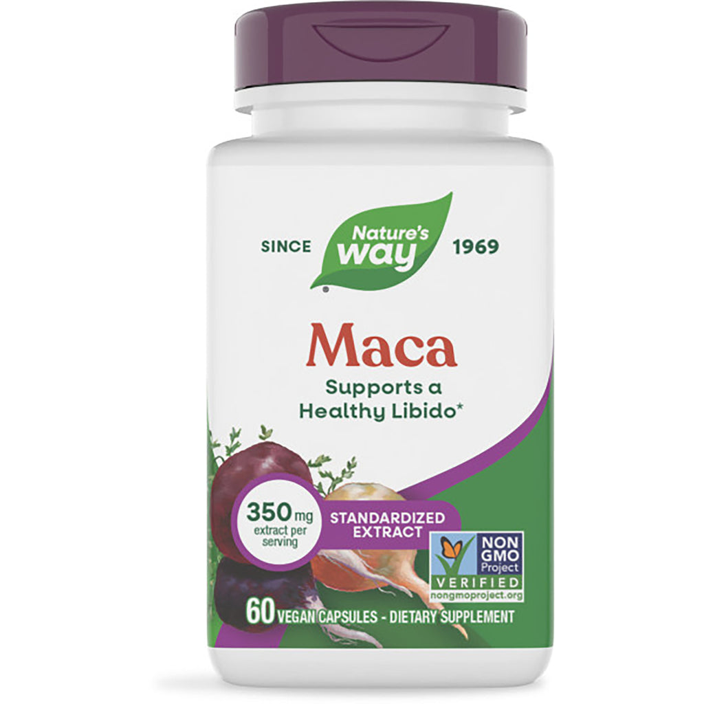 NW772 | Nature's Way Maca premium extract bottle, front label showing 60 vegan capsules, Supports a Healthy Libido and Non-GMO - Thumbnail