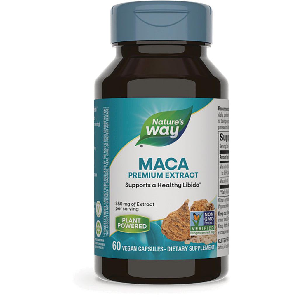 NW772 | Nature's Way Maca premium extract bottle, front label showing 60 vegan capsules, Supports a Healthy Libido and Non-GMO - Thumbnail