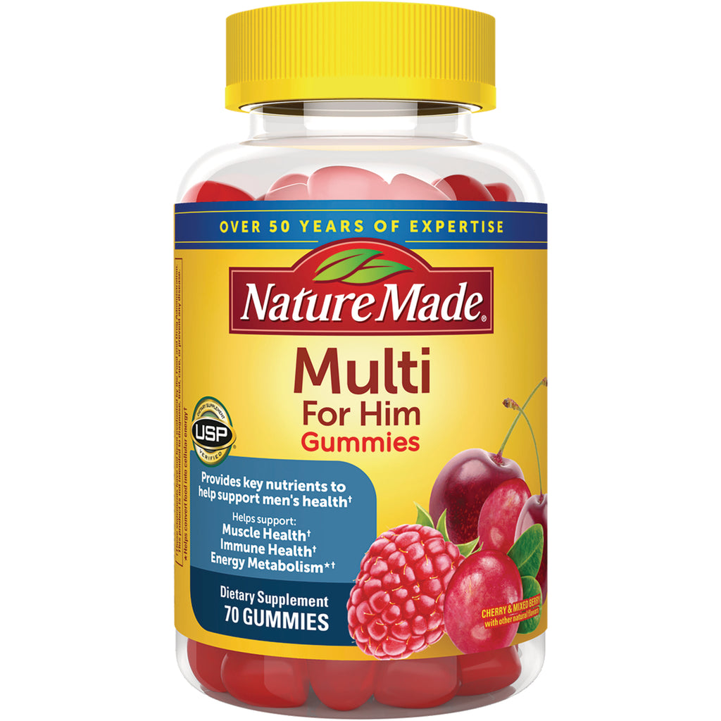 NTM139 | Nature Made Multi For Him Gummies bottle showing label, cherries and raspberries, 70 gummies - Thumbnail
