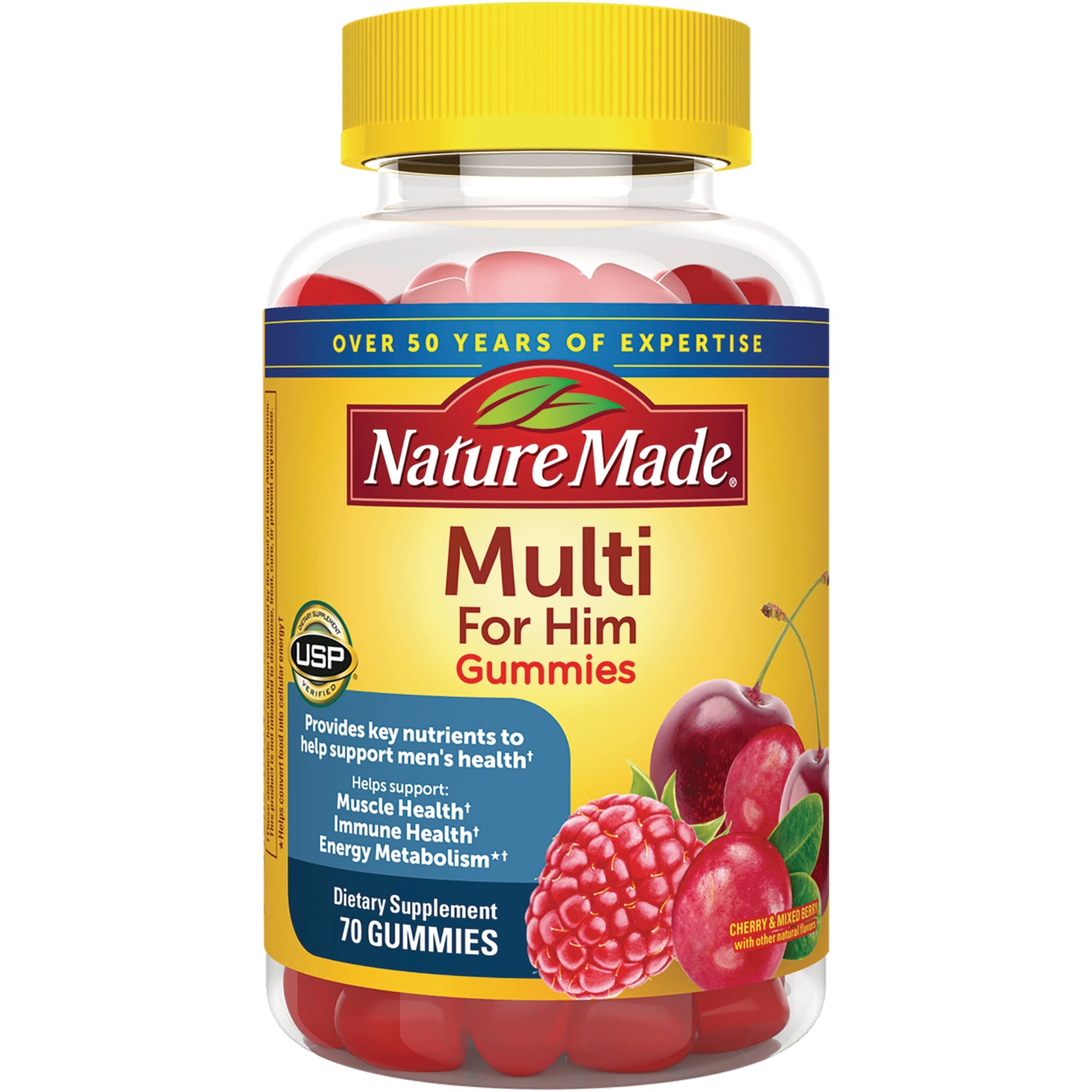 NTM139 | Nature Made Multi For Him Gummies bottle showing label, cherries and raspberries, 70 gummies