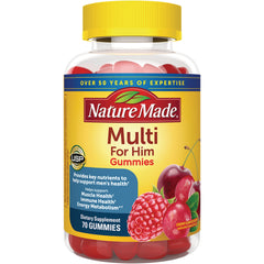 NTM139 | Nature Made Multi For Him Gummies bottle showing label, cherries and raspberries, 70 gummies